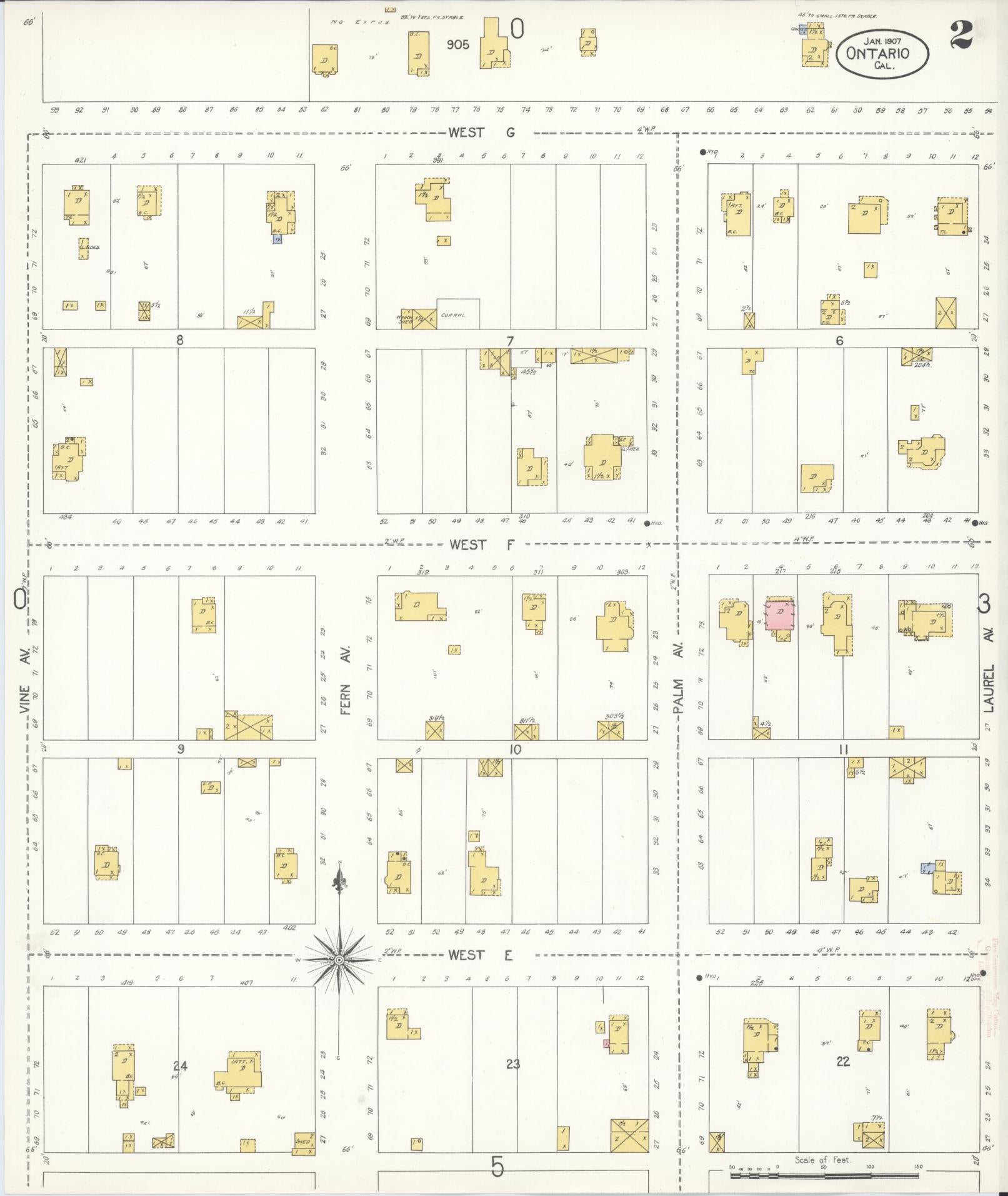 Sanborn Fire Insurance Map from Ontario, San Bernardino County, California (1907), Sheet #0002 - Complete Map Set gallery image, historic Sanborn map, vintage wall art, California California