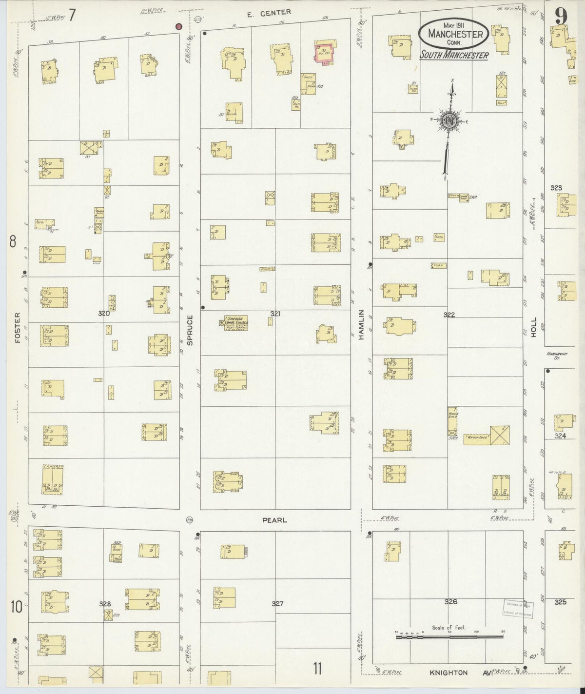 Sanborn Fire Insurance Map from Manchester, Hartford County, Connecticut (1911), Sheet #0009 - Historic Sanborn Fire Insurance Map Print, vintage old map wall art, antique decor, genealogy gift, Connecticut Connecticut map