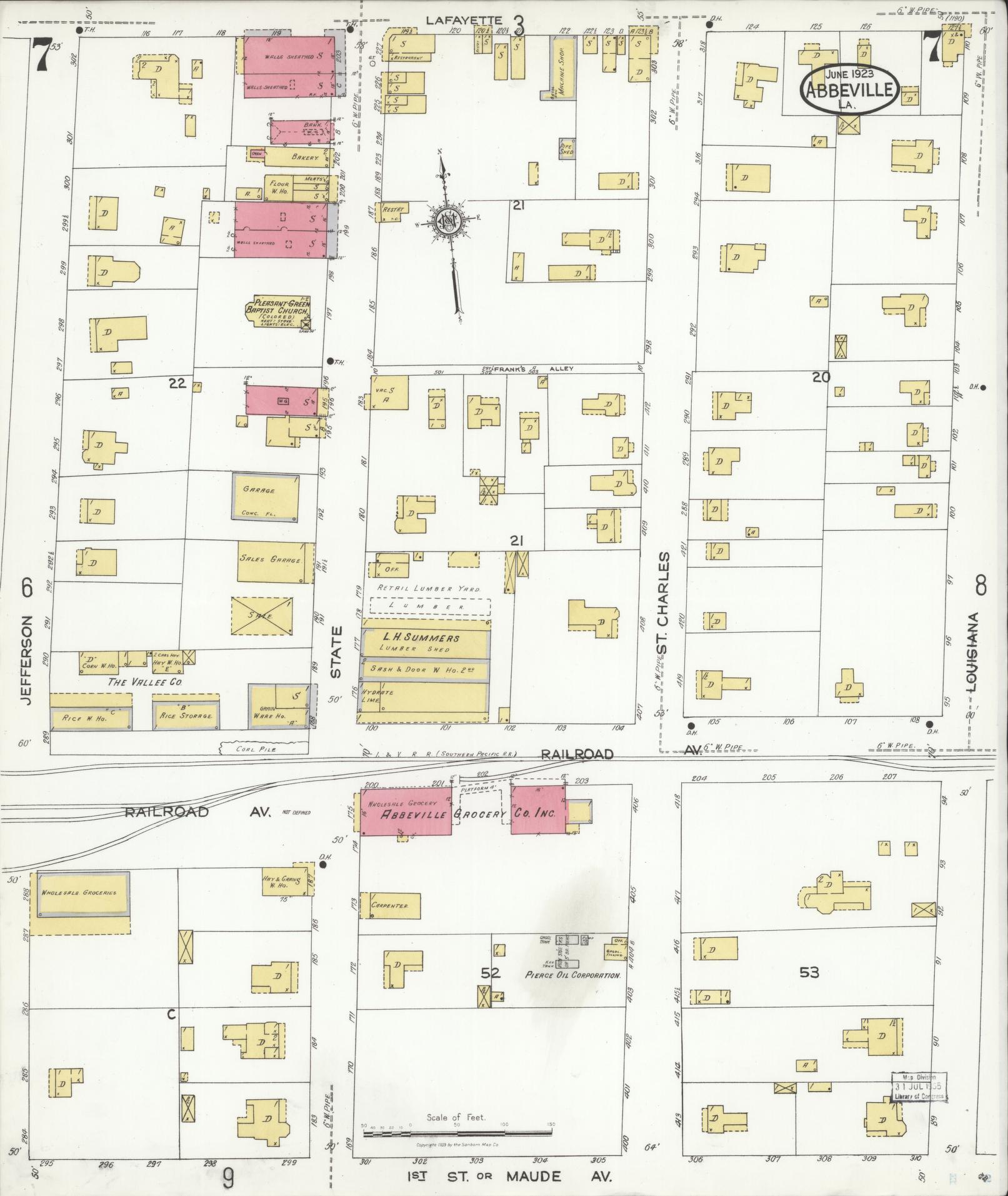 Sanborn Fire Insurance Map from Abbeville, Vermilion Parish, Louisiana (1923), Sheet #0007 - Historic Sanborn Fire Insurance Map Print, vintage old map wall art, antique decor, genealogy gift, Louisiana Louisiana map