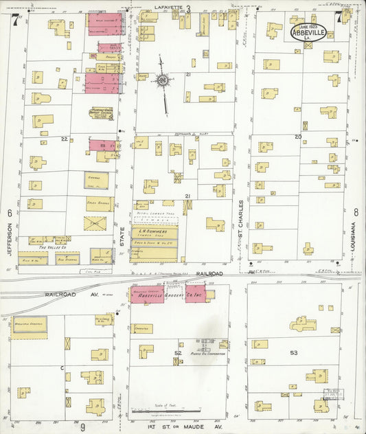 Sanborn Fire Insurance Map from Abbeville, Vermilion Parish, Louisiana (1923), Sheet #0007 - Historic Sanborn Fire Insurance Map Print, vintage old map wall art, antique decor, genealogy gift, Louisiana Louisiana map