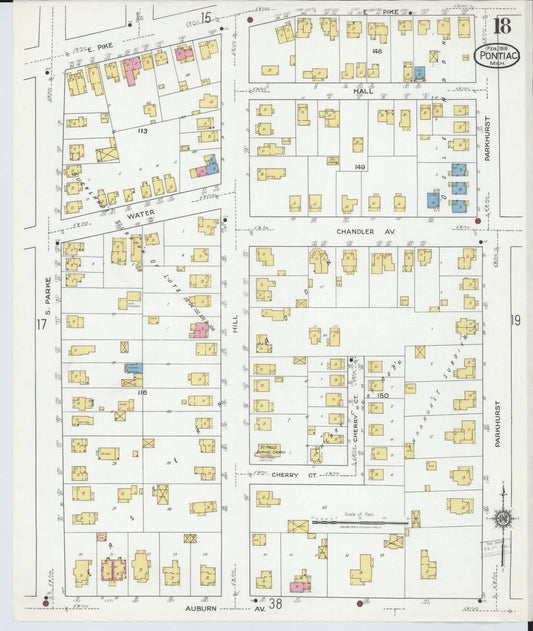 Sanborn Fire Insurance Map from Pontiac, Oakland County, Michigan (1919), Sheet #0018 - Historic Sanborn Fire Insurance Map Print, vintage old map wall art, antique decor, genealogy gift, Michigan Michigan map