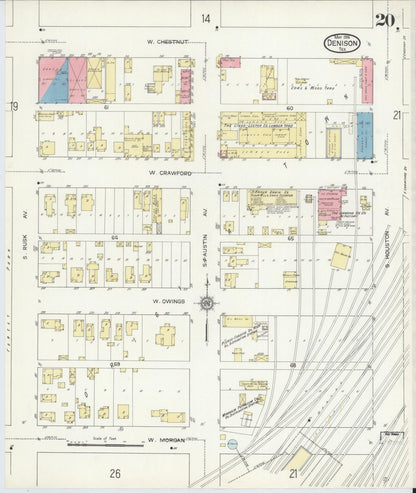 Sanborn Fire Insurance Map from Denison, Grayson County, Texas (1914), Sheet #0020 - Historic Sanborn Fire Insurance Map Print, vintage old map wall art, antique decor, genealogy gift, Texas Texas map