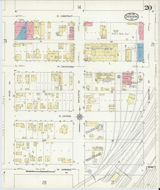 Sanborn Fire Insurance Map from Denison, Grayson County, Texas (1914), Sheet #0020 - Historic Sanborn Fire Insurance Map Print, vintage old map wall art, antique decor, genealogy gift, Texas Texas map