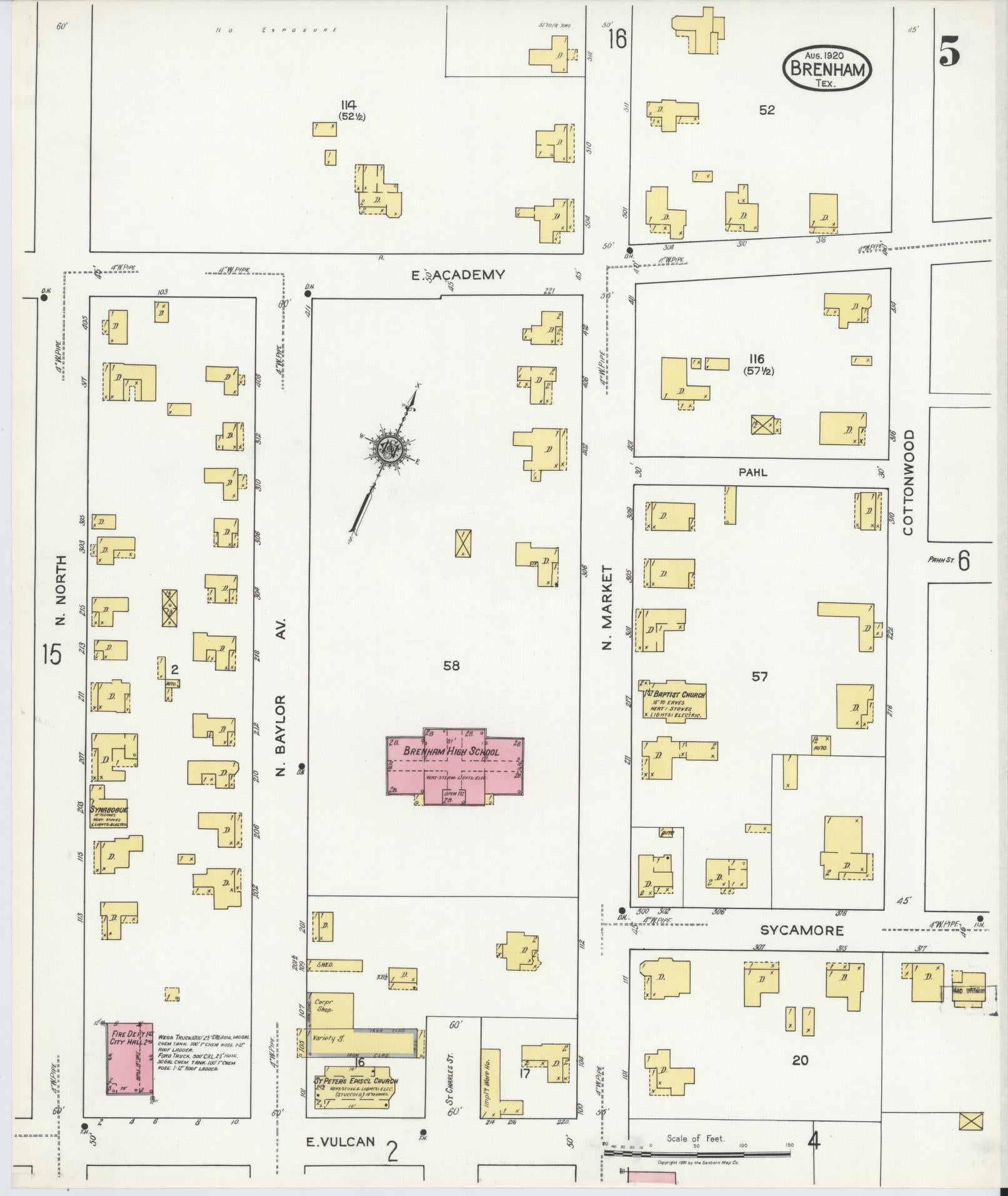 Sanborn Fire Insurance Map from Brenham, Washington County, Texas (1920), Sheet #0005 - Historic Sanborn Fire Insurance Map Print, vintage old map wall art, antique decor, genealogy gift, Texas Texas map