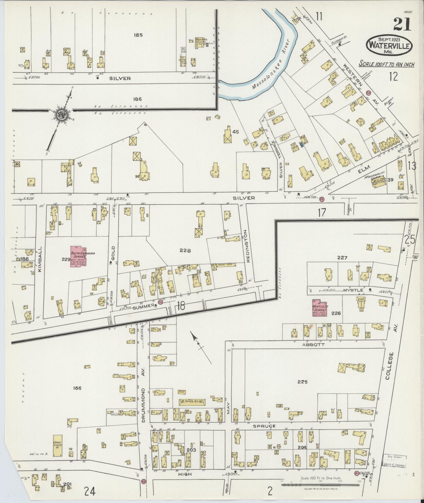 Sanborn Fire Insurance Map from Waterville, Kennebec County, Maine (1921), Sheet #0021 - Historic Sanborn Fire Insurance Map Print, vintage old map wall art, antique decor, genealogy gift, Maine Maine map