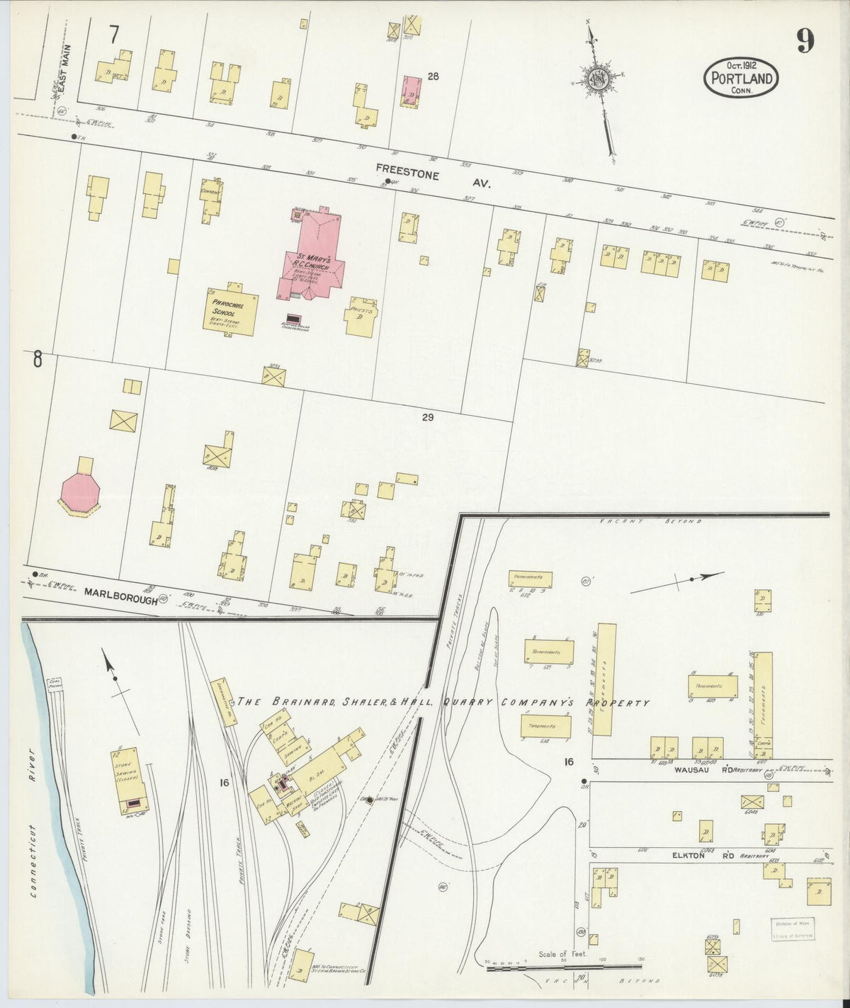 Sanborn Fire Insurance Map from Portland, Middlesex County, Connecticut (1912), Sheet #0009 - Historic Sanborn Fire Insurance Map Print, vintage old map wall art, antique decor, genealogy gift, Connecticut Connecticut map