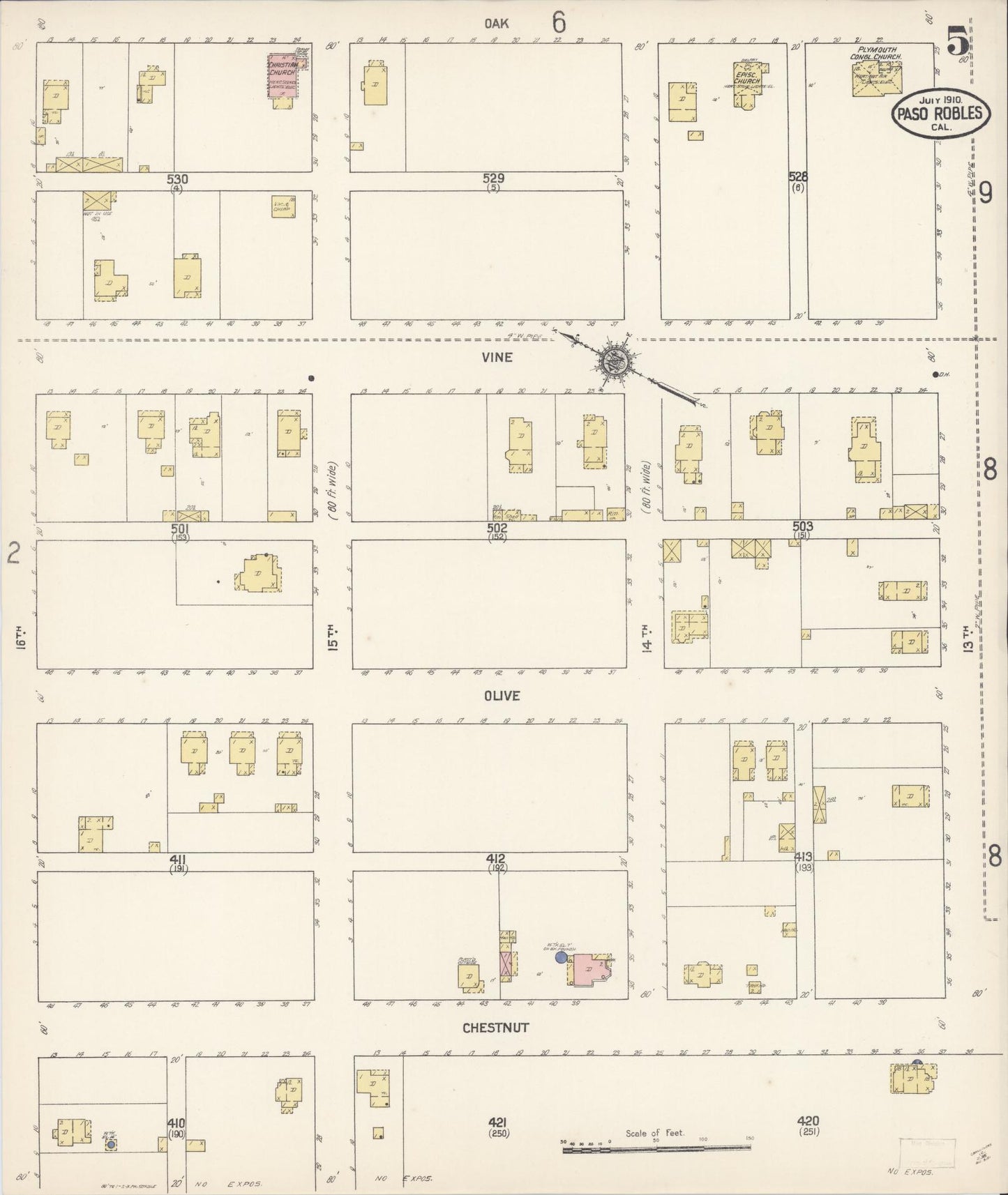 Sanborn Fire Insurance Map from Paso Robles, San Luis Obispo County, California (1910), Sheet #0005 - Complete Map Set gallery image, historic Sanborn map, vintage wall art, California California