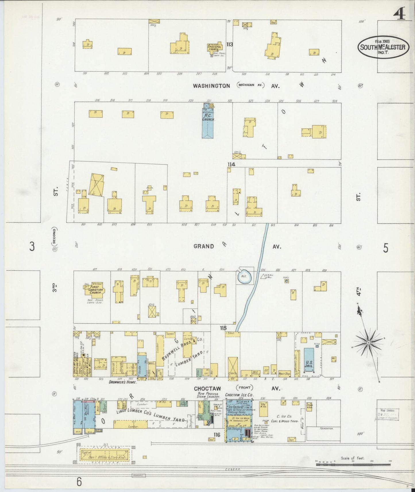 Sanborn Fire Insurance Map from South McAlester, Pittsburg County, Oklahoma (1901), Sheet #0004 - Historic Sanborn Fire Insurance Map Print, vintage old map wall art, antique decor, genealogy gift, Oklahoma Oklahoma map