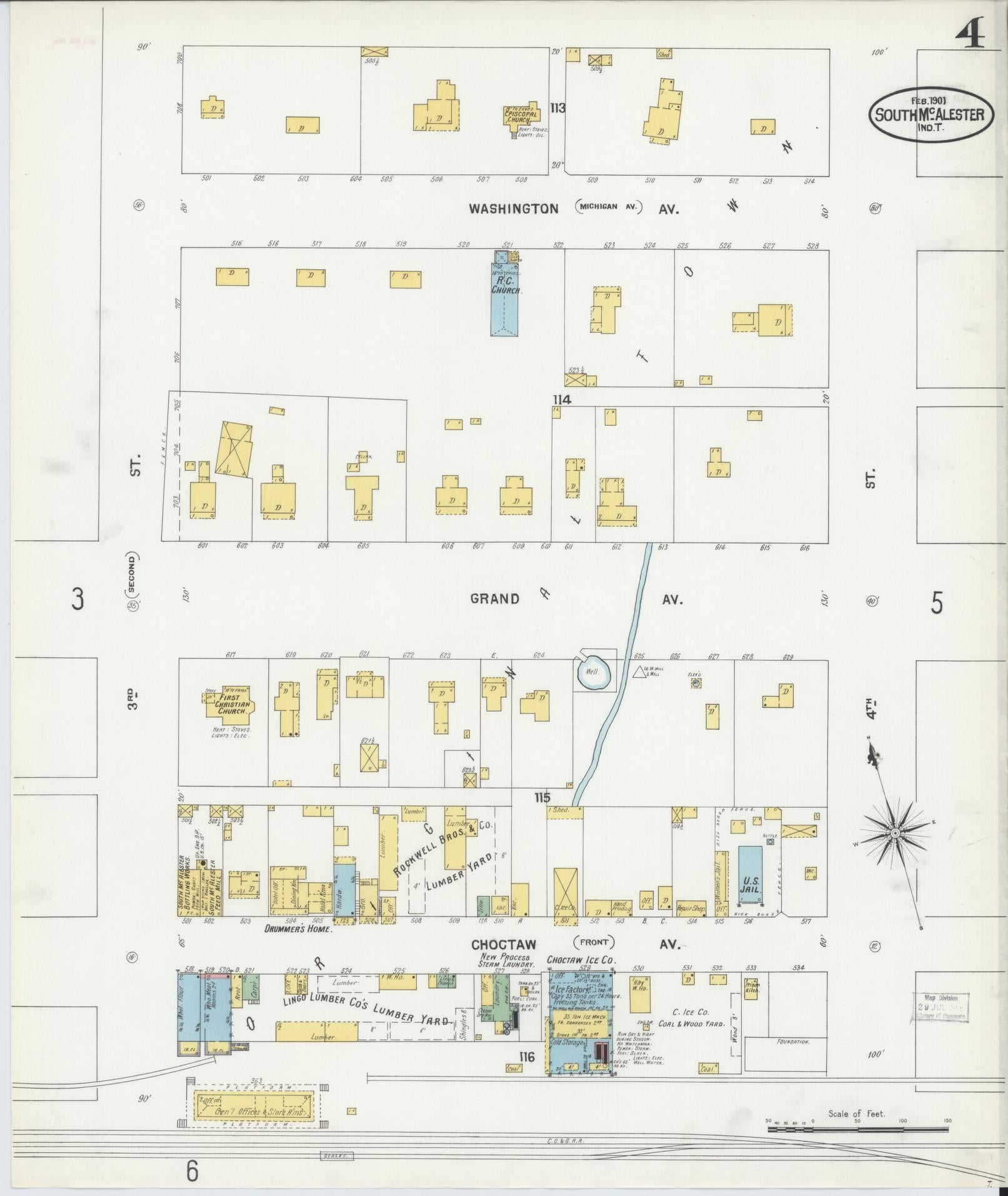 Sanborn Fire Insurance Map from South McAlester, Pittsburg County, Oklahoma (1901), Sheet #0004 - Historic Sanborn Fire Insurance Map Print, vintage old map wall art, antique decor, genealogy gift, Oklahoma Oklahoma map