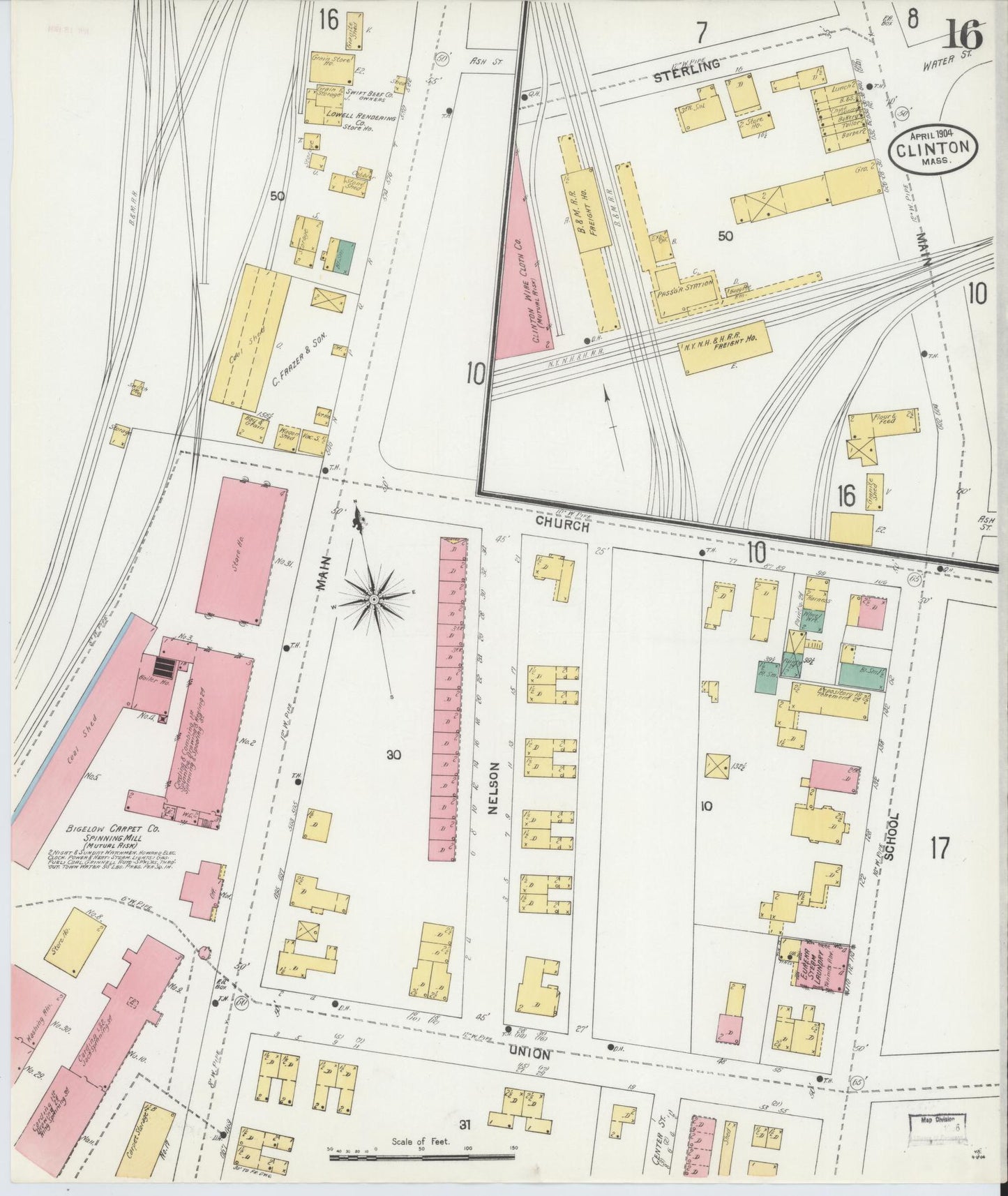 Sanborn Fire Insurance Map from Clinton, Worcester County, Massachusetts (1904), Sheet #0016 - Complete Map Set gallery image, historic Sanborn map, vintage wall art, Massachusetts Massachusetts