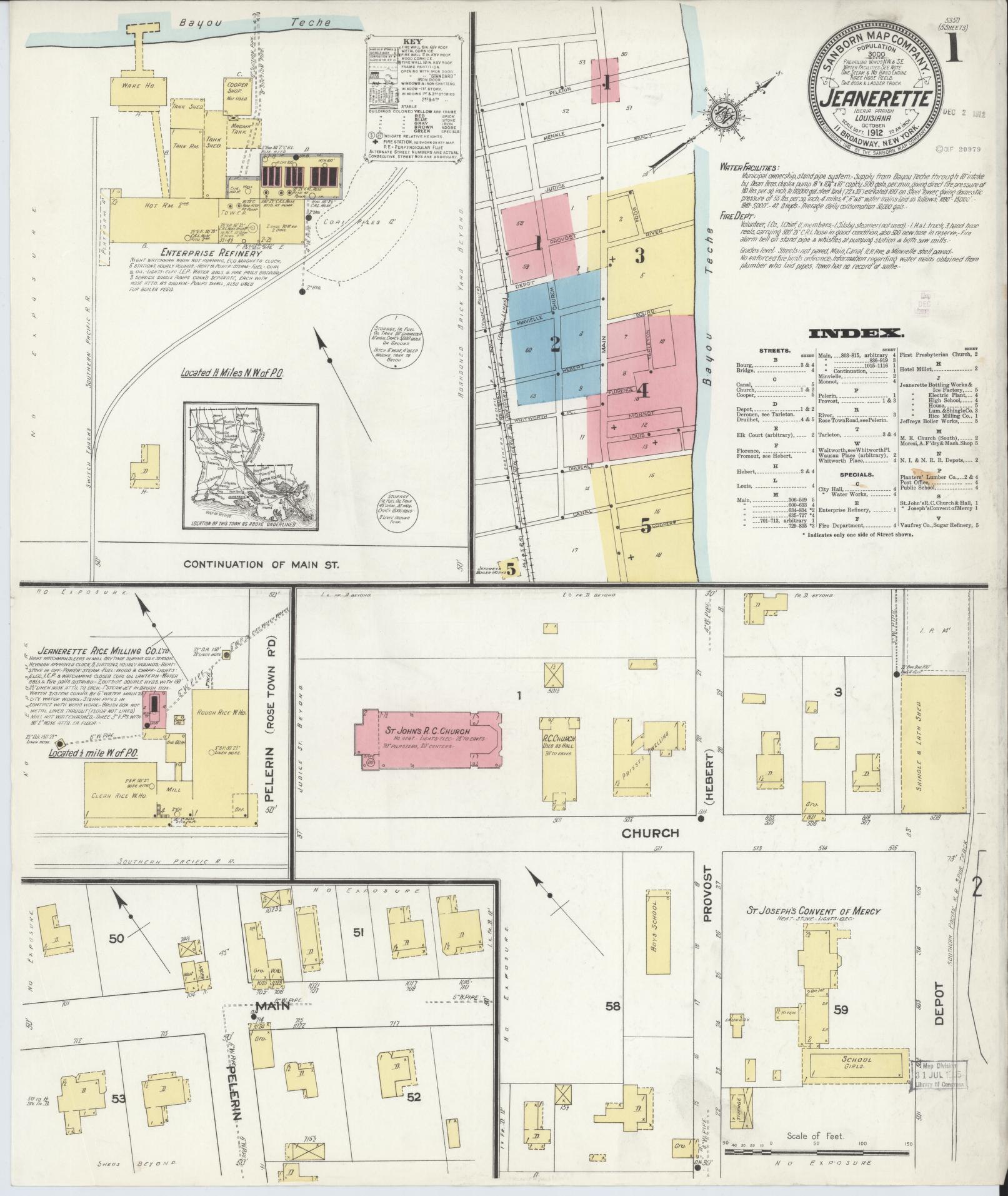 Sanborn Fire Insurance Map from Jeannerette, Iberia Parish, Louisiana (1912), Sheet #0001 - Historic Sanborn Fire Insurance Map Print, vintage old map wall art, antique decor, genealogy gift, Louisiana Louisiana map