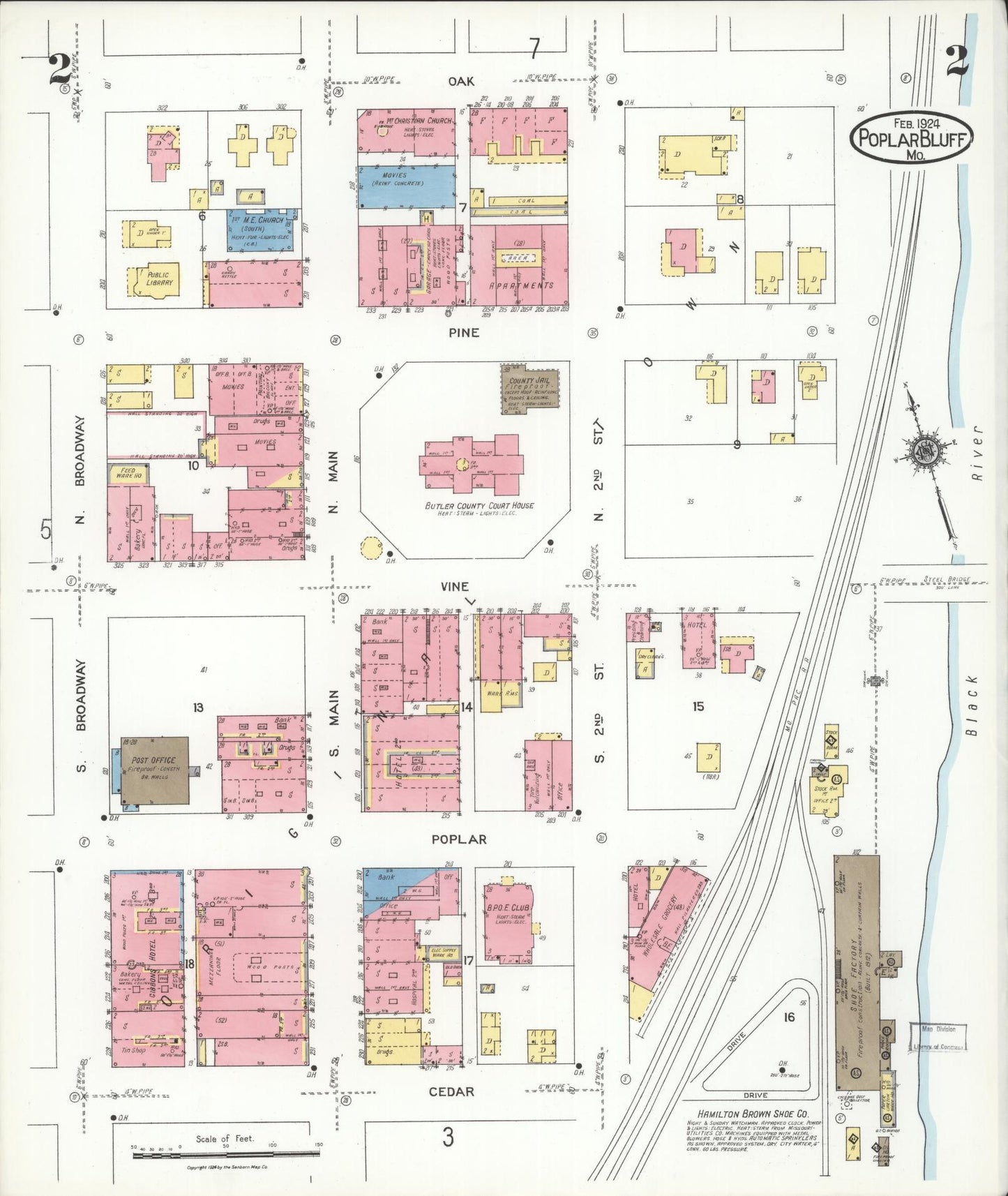 Sanborn Fire Insurance Map from Poplar Bluff, Butler County, Missouri (1924), Sheet #0002 - Complete Map Set gallery image, historic Sanborn map, vintage wall art, Missouri Missouri