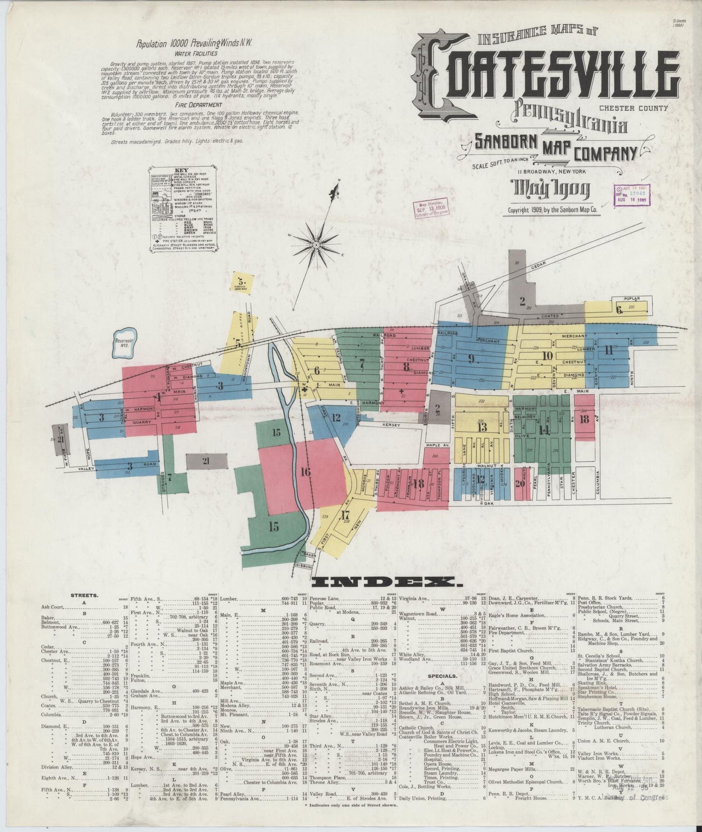 Sanborn Fire Insurance Map from Coatesville, Chester County, Pennsylvania (1909), Sheet #0001 - Historic Sanborn Fire Insurance Map Print, vintage old map wall art, antique decor, genealogy gift, Pennsylvania Pennsylvania map