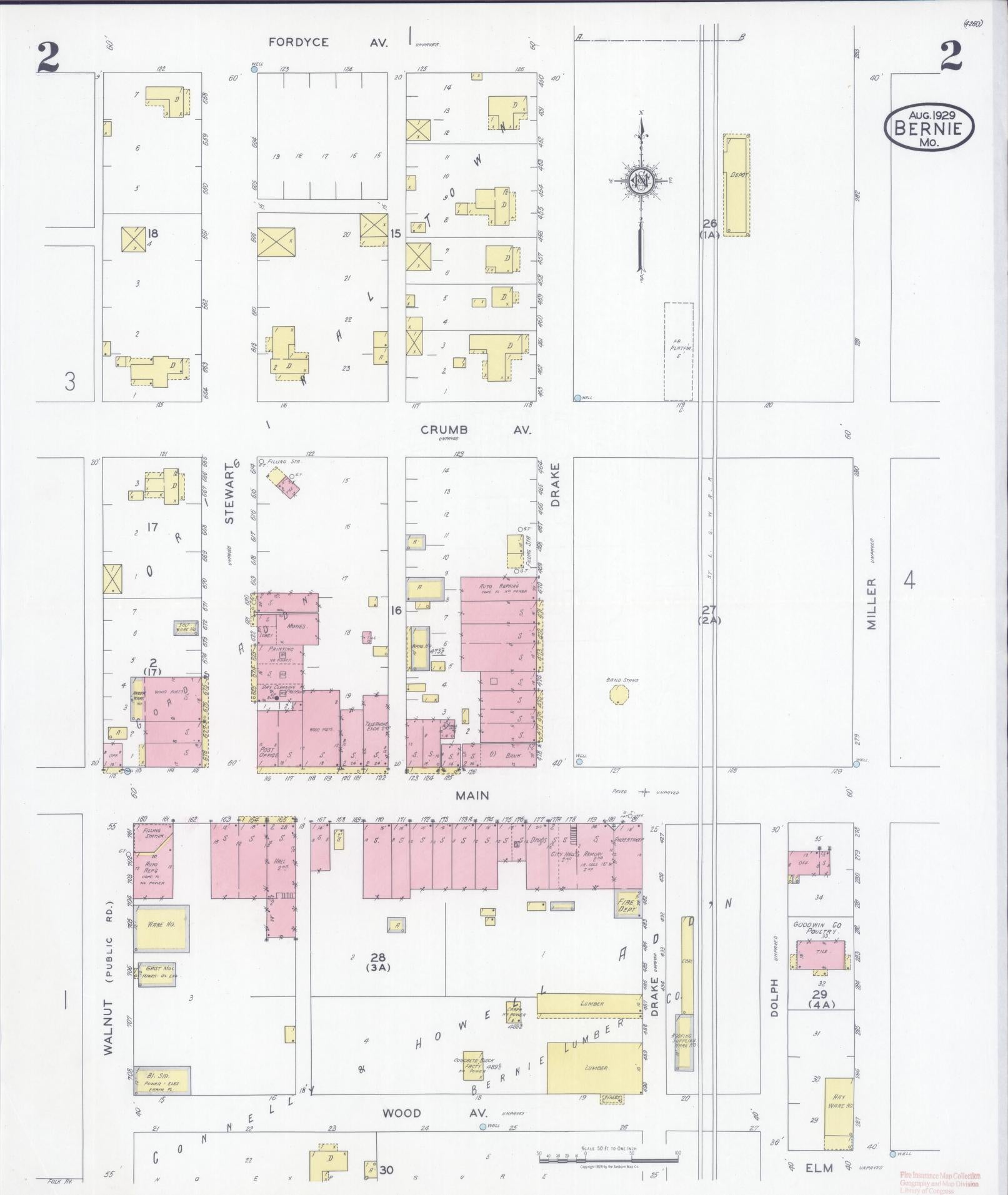 Sanborn Fire Insurance Map from Bernie, Stoddard County, Missouri (1929), Sheet #0002 - Complete Map Set gallery image, historic Sanborn map, vintage wall art, Missouri Missouri