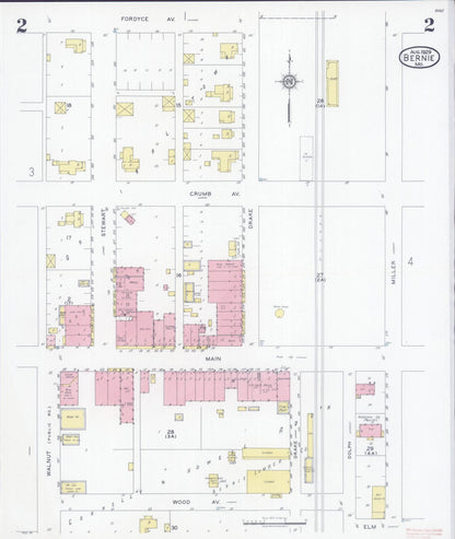 Sanborn Fire Insurance Map from Bernie, Stoddard County, Missouri (1929), Sheet #0002 - Complete Map Set gallery image, historic Sanborn map, vintage wall art, Missouri Missouri