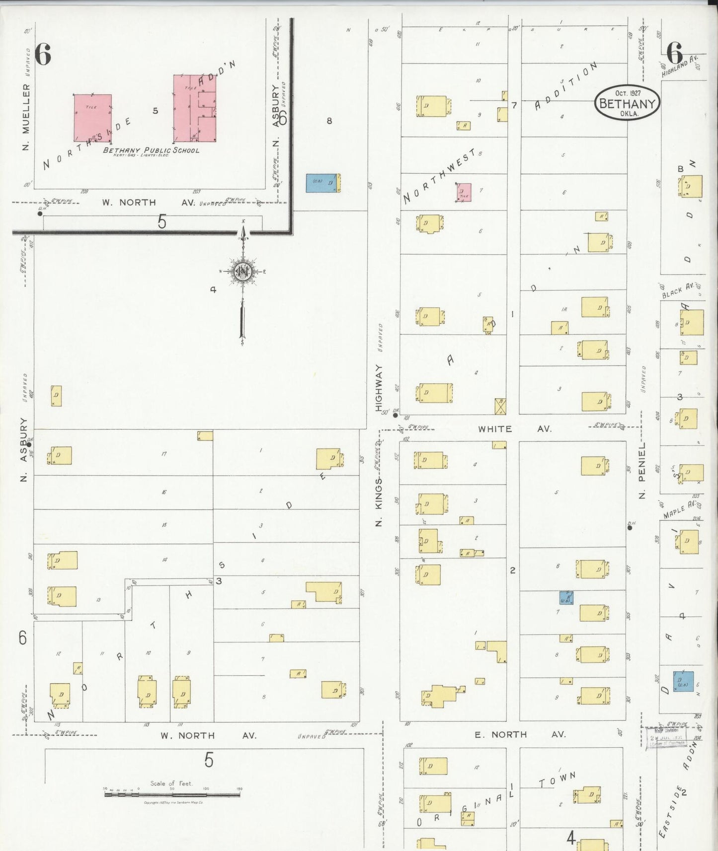 Sanborn Fire Insurance Map from Bethany, Oklahoma County, Oklahoma (1927), Sheet #0006 - Historic Sanborn Fire Insurance Map Print, vintage old map wall art, antique decor, genealogy gift, Bethany Oklahoma map
