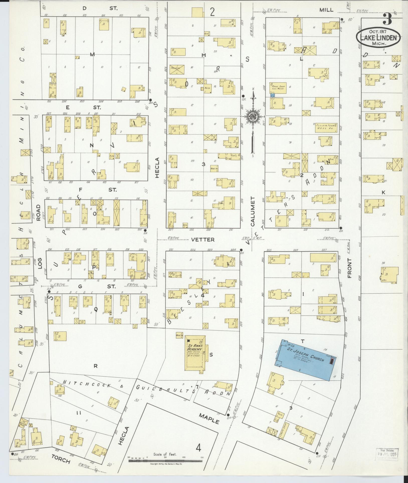 Sanborn Fire Insurance Map from Lake Linden, Houghton County, Michigan (1917), Sheet #0003 - Complete Map Set gallery image, historic Sanborn map, vintage wall art, Michigan Michigan