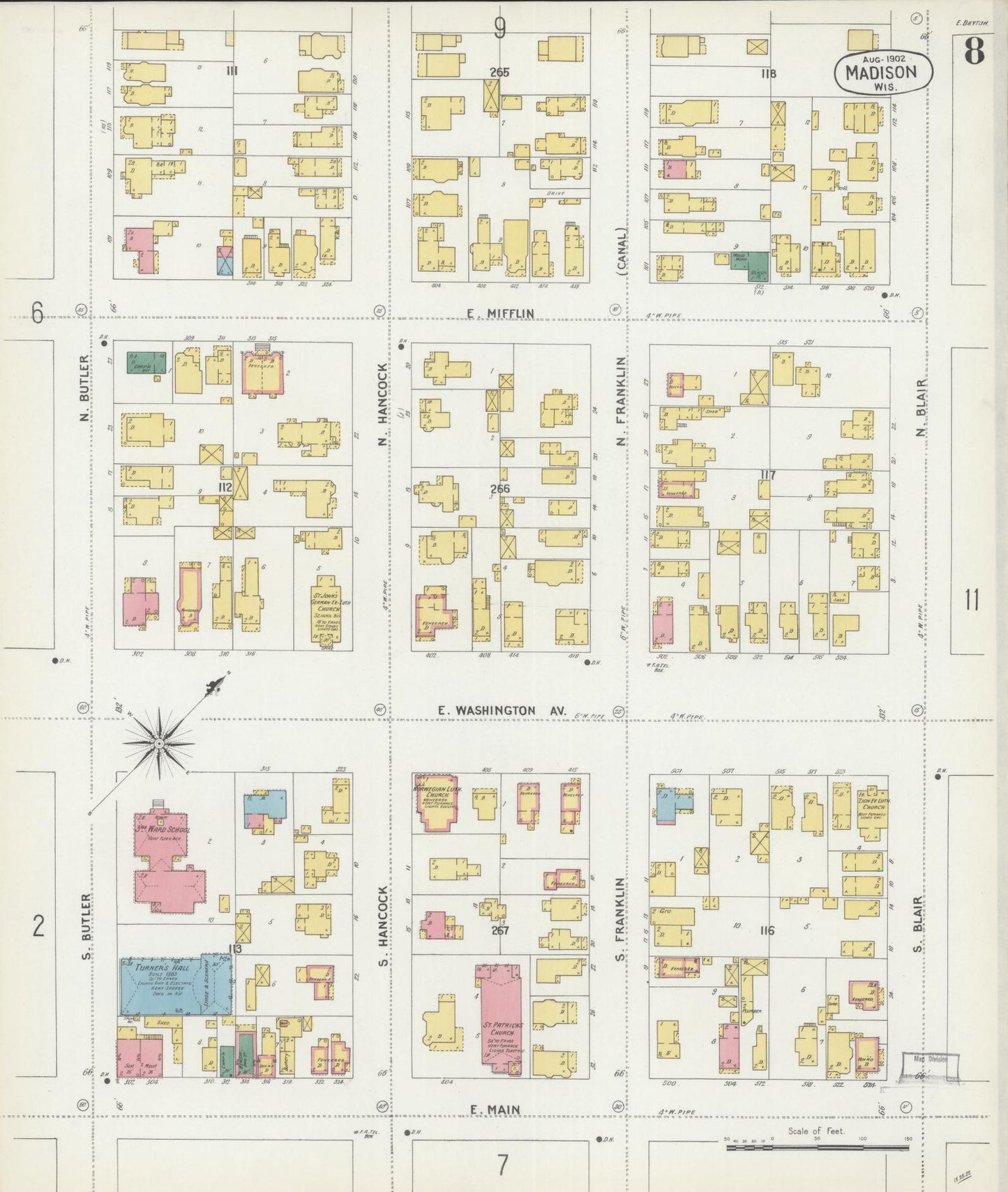 Sanborn Fire Insurance Map from Madison, Dane County, Wisconsin (1902), Sheet #0008 - Historic Sanborn Fire Insurance Map Print, vintage old map wall art, antique decor, genealogy gift, Wisconsin Wisconsin map