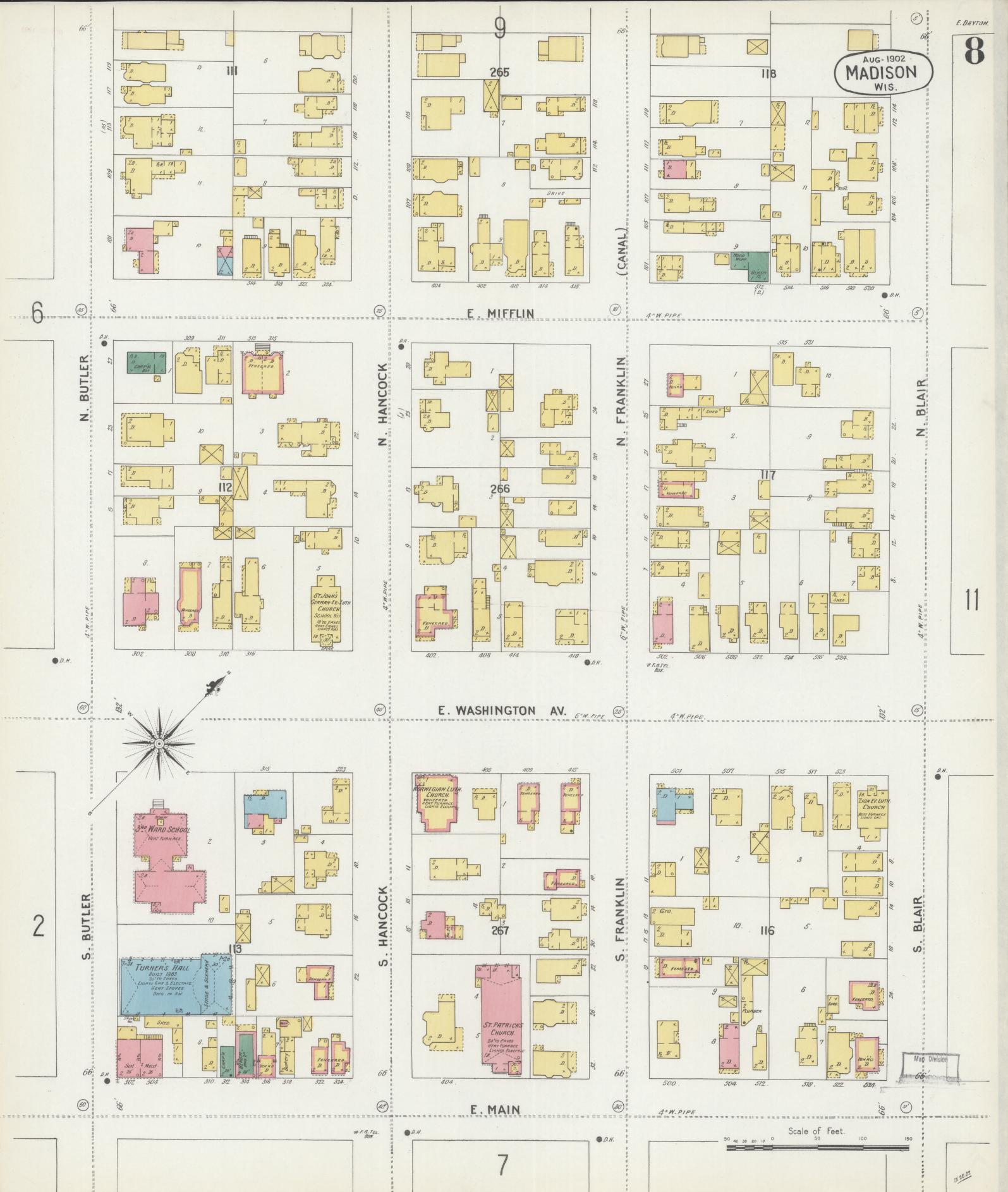 Sanborn Fire Insurance Map from Madison, Dane County, Wisconsin (1902), Sheet #0008 - Historic Sanborn Fire Insurance Map Print, vintage old map wall art, antique decor, genealogy gift, Wisconsin Wisconsin map