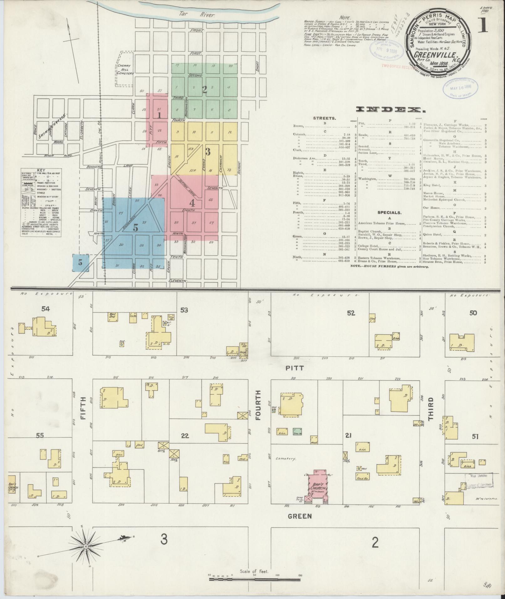 Sanborn Fire Insurance Map from Greenville, Pitt County, North Carolina (1898), Sheet #0001 - Complete Map Set gallery image, historic Sanborn map, vintage wall art, North Carolina North Carolina