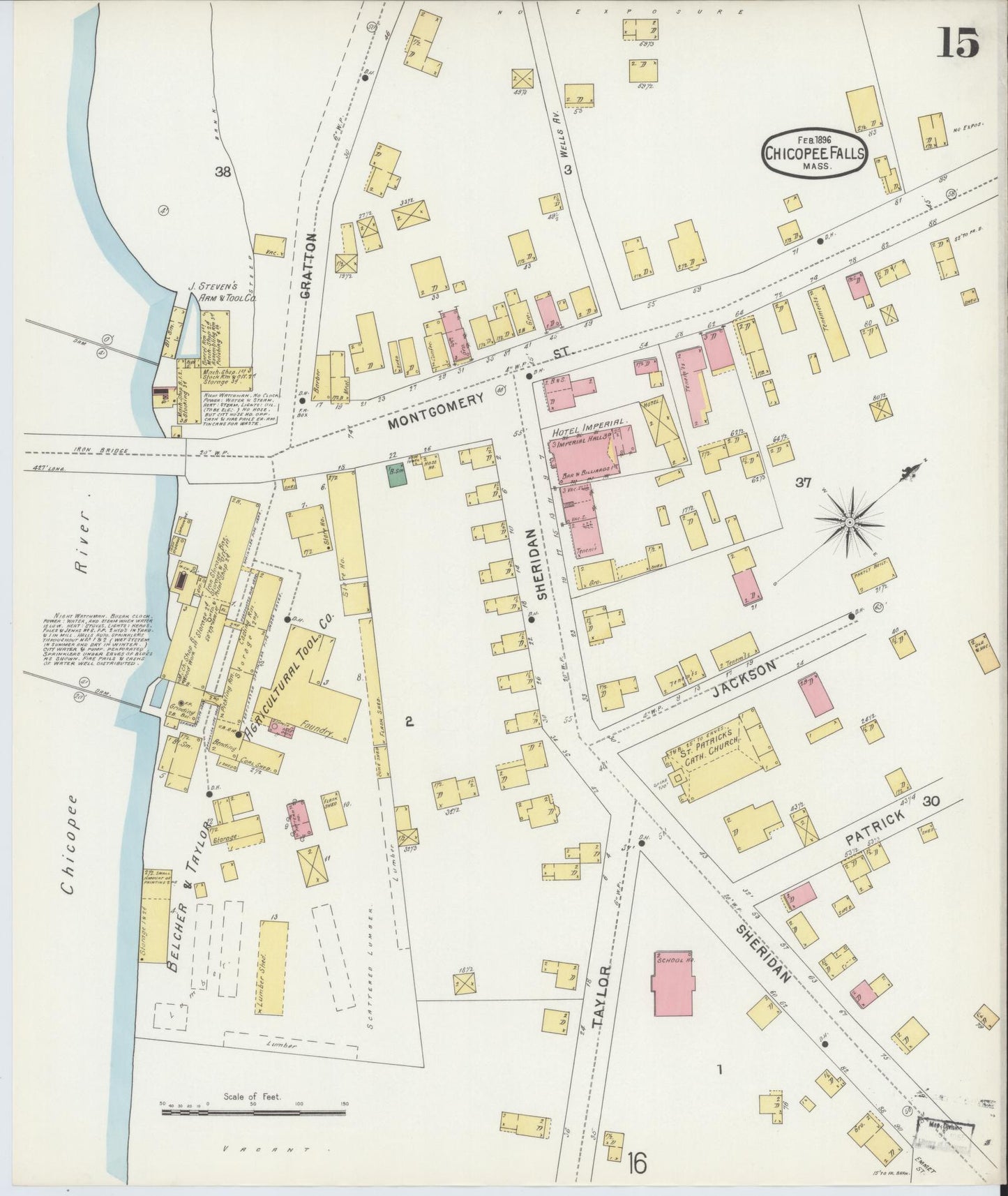Sanborn Fire Insurance Map from Chicopee, Hampden County, Massachusetts (1896), Sheet #0015 - Historic Sanborn Fire Insurance Map Print, vintage old map wall art, antique decor, genealogy gift, Massachusetts Massachusetts map
