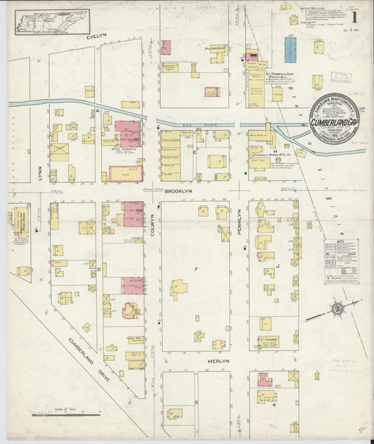 Sanborn Fire Insurance Map from Cumberland Gap, Claiborne County, Tennessee (1913), Sheet #0001 - Historic Sanborn Fire Insurance Map Print, vintage old map wall art, antique decor, genealogy gift, Tennessee Tennessee map