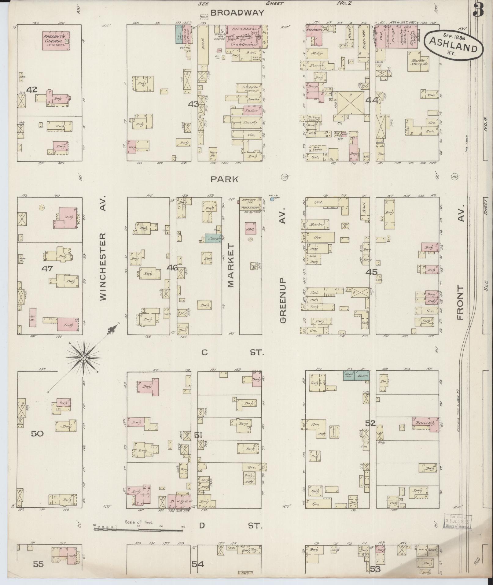 Sanborn Fire Insurance Map from Ashland, Boyd County, Kentucky (1886), Sheet #0003 - Historic Sanborn Fire Insurance Map Print, vintage old map wall art, antique decor, genealogy gift, Kentucky Kentucky map