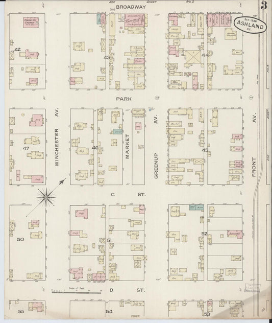 Sanborn Fire Insurance Map from Ashland, Boyd County, Kentucky (1886), Sheet #0003 - Historic Sanborn Fire Insurance Map Print, vintage old map wall art, antique decor, genealogy gift, Kentucky Kentucky map