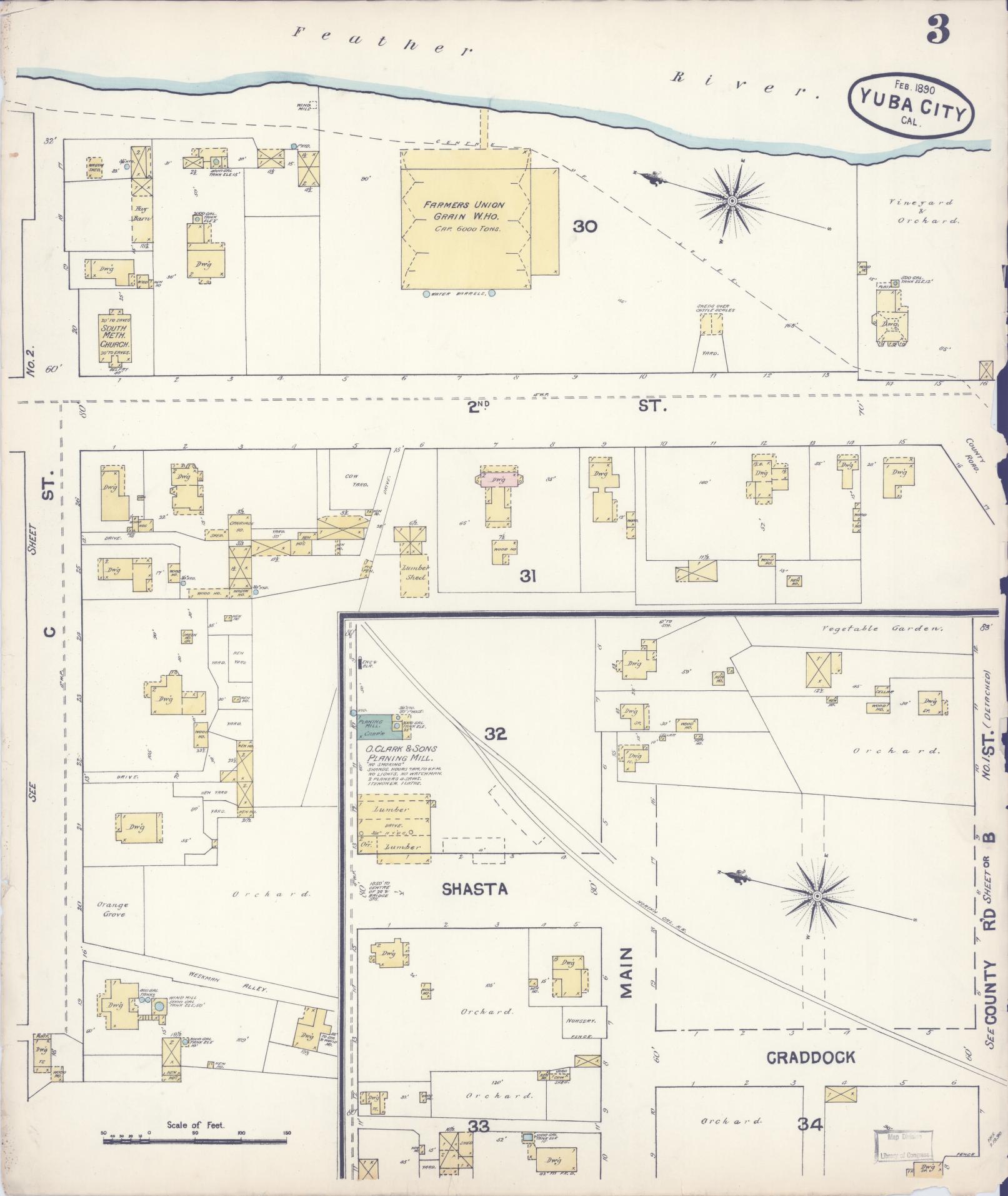 Sanborn Fire Insurance Map from Yuba City, Sutter County, California (1890), Sheet #0003 - Complete Map Set gallery image, historic Sanborn map, vintage wall art, California California