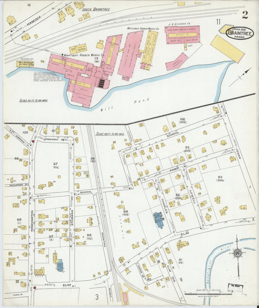 Sanborn Fire Insurance Map from Braintree, Norfolk County, Massachusetts (1919), Sheet #0002 - Historic Sanborn Fire Insurance Map Print, vintage old map wall art, antique decor, genealogy gift, Massachusetts Massachusetts map