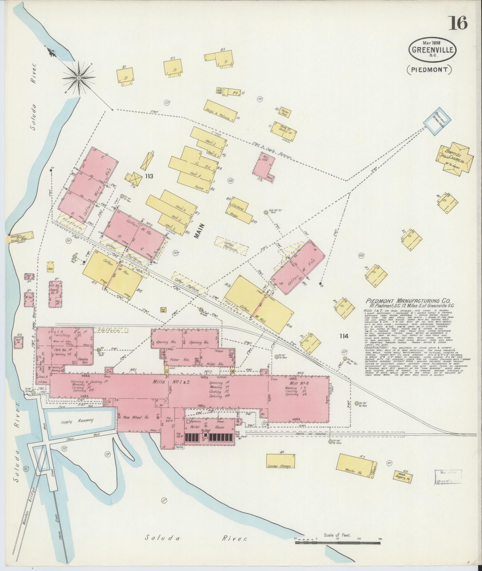 Sanborn Fire Insurance Map from Greenville, Greenville County, South Carolina (1898), Sheet #0016 - Complete Map Set gallery image, historic Sanborn map, vintage wall art, South Carolina South Carolina
