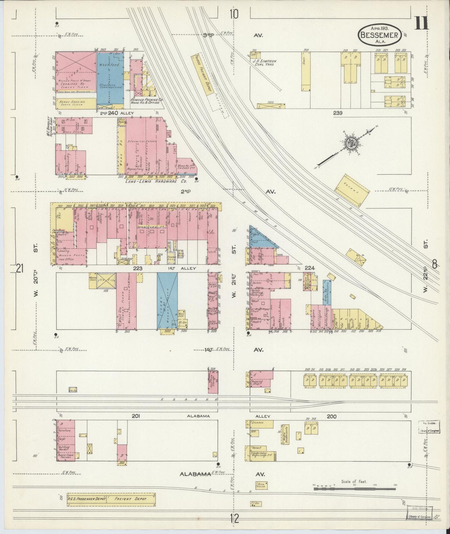 Sanborn Fire Insurance Map from Bessemer, Jefferson County, Alabama (1913), Sheet #0011 - Complete Map Set gallery image, historic Sanborn map, vintage wall art, Alabama Alabama