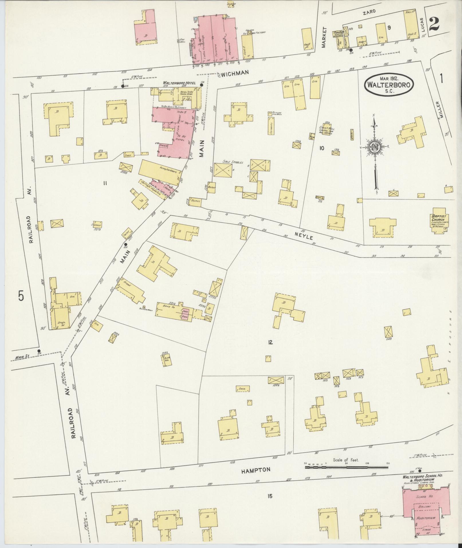 Sanborn Fire Insurance Map from Walterboro, Colleton County, South Carolina (1912), Sheet #0002 - Complete Map Set gallery image, historic Sanborn map, vintage wall art, South Carolina South Carolina