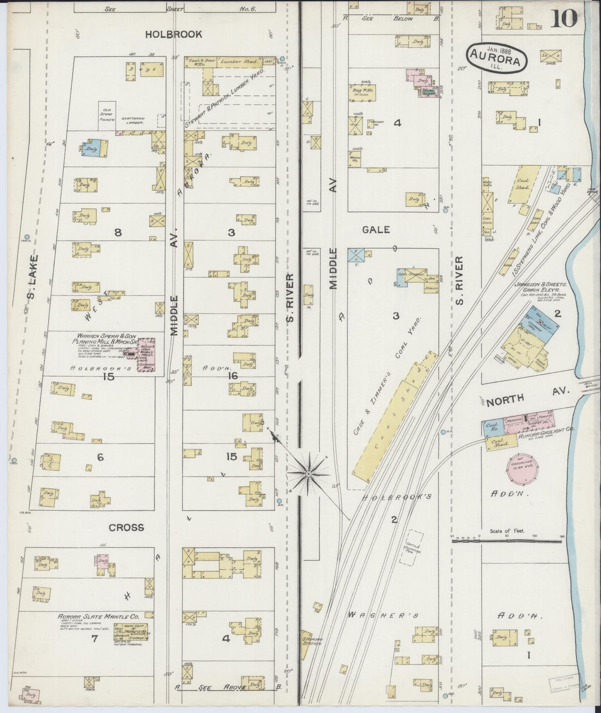Sanborn Fire Insurance Map from Aurora, Kane County, Illinois (1888), Sheet #0010 - Historic Sanborn Fire Insurance Map Print, vintage old map wall art, antique decor, genealogy gift, Illinois Illinois map