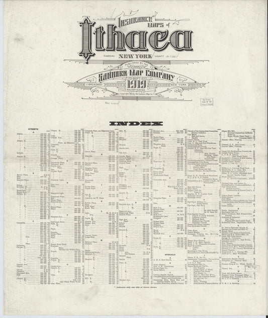 Sanborn Fire Insurance Map from Ithaca, Tompkins County, New York (1919), Sheet #0001 - Historic Sanborn Fire Insurance Map Print, vintage old map wall art, antique decor, genealogy gift, New York New York map