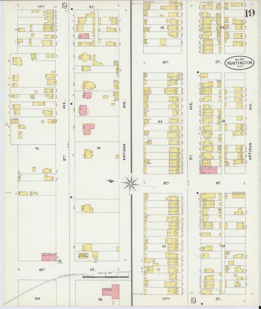 Sanborn Fire Insurance Map from Huntington, Cabell County, West Virginia (1898), Sheet #0019 - Historic Sanborn Fire Insurance Map Print, vintage old map wall art, antique decor, genealogy gift, West Virginia West Virginia map