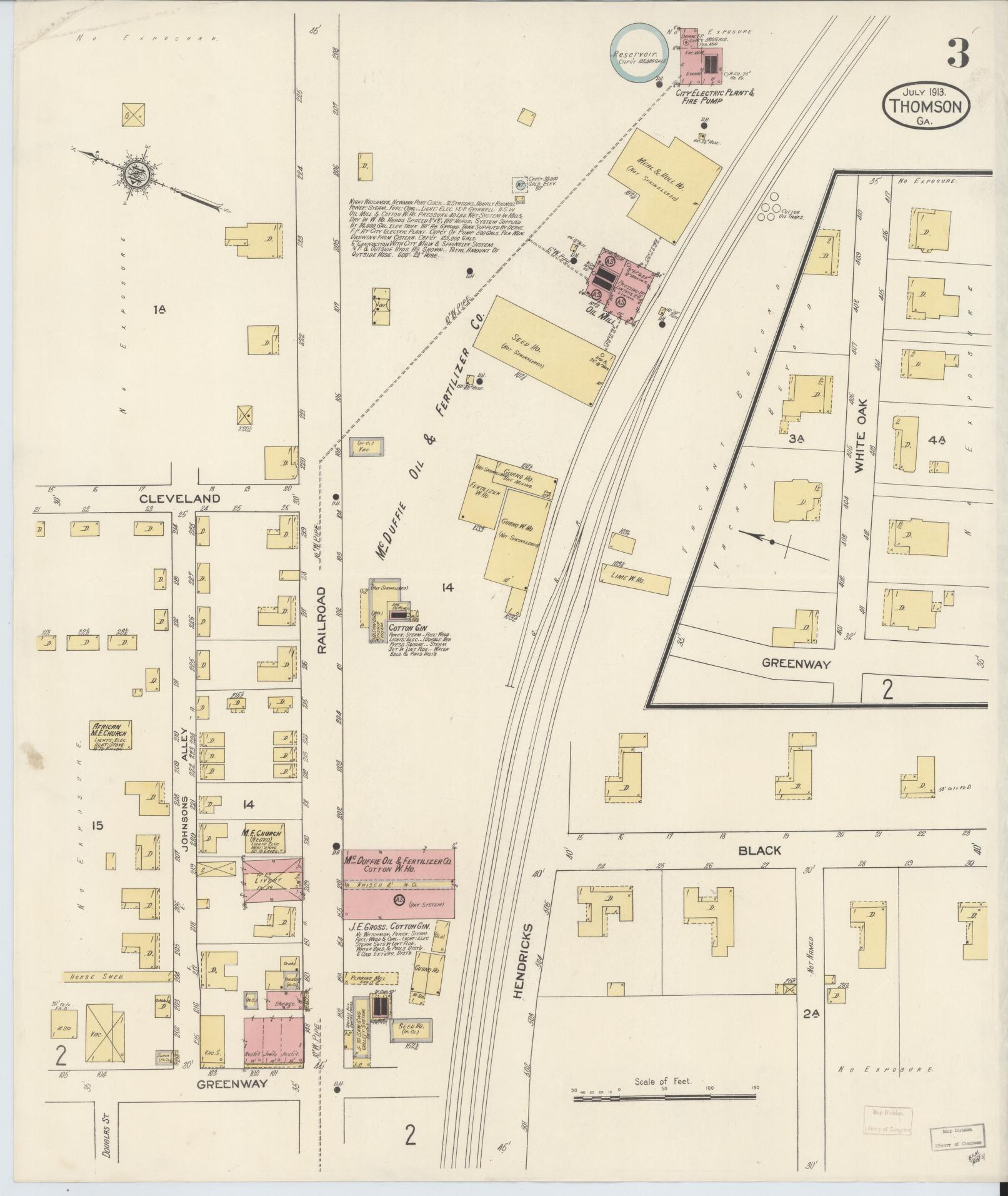 Sanborn Fire Insurance Map from Thomson, McDuffie County, Georgia (1913), Sheet #0003 - Historic Sanborn Fire Insurance Map Print, vintage old map wall art, antique decor, genealogy gift, Georgia Georgia map