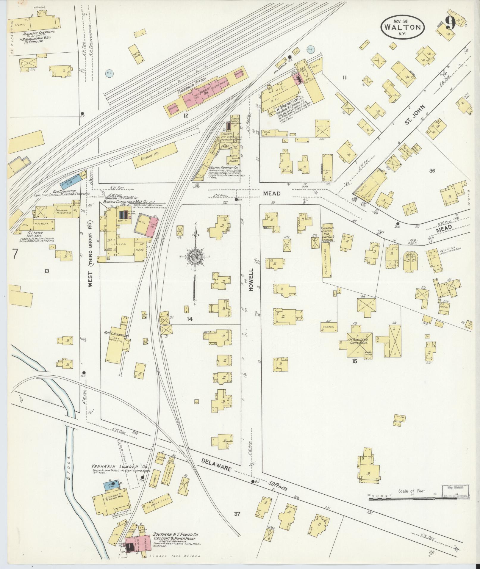 Sanborn Fire Insurance Map from Walton, Delaware County, New York (1911), Sheet #0009 - Historic Sanborn Fire Insurance Map Print, vintage old map wall art, antique decor, genealogy gift, Walton Delaware map