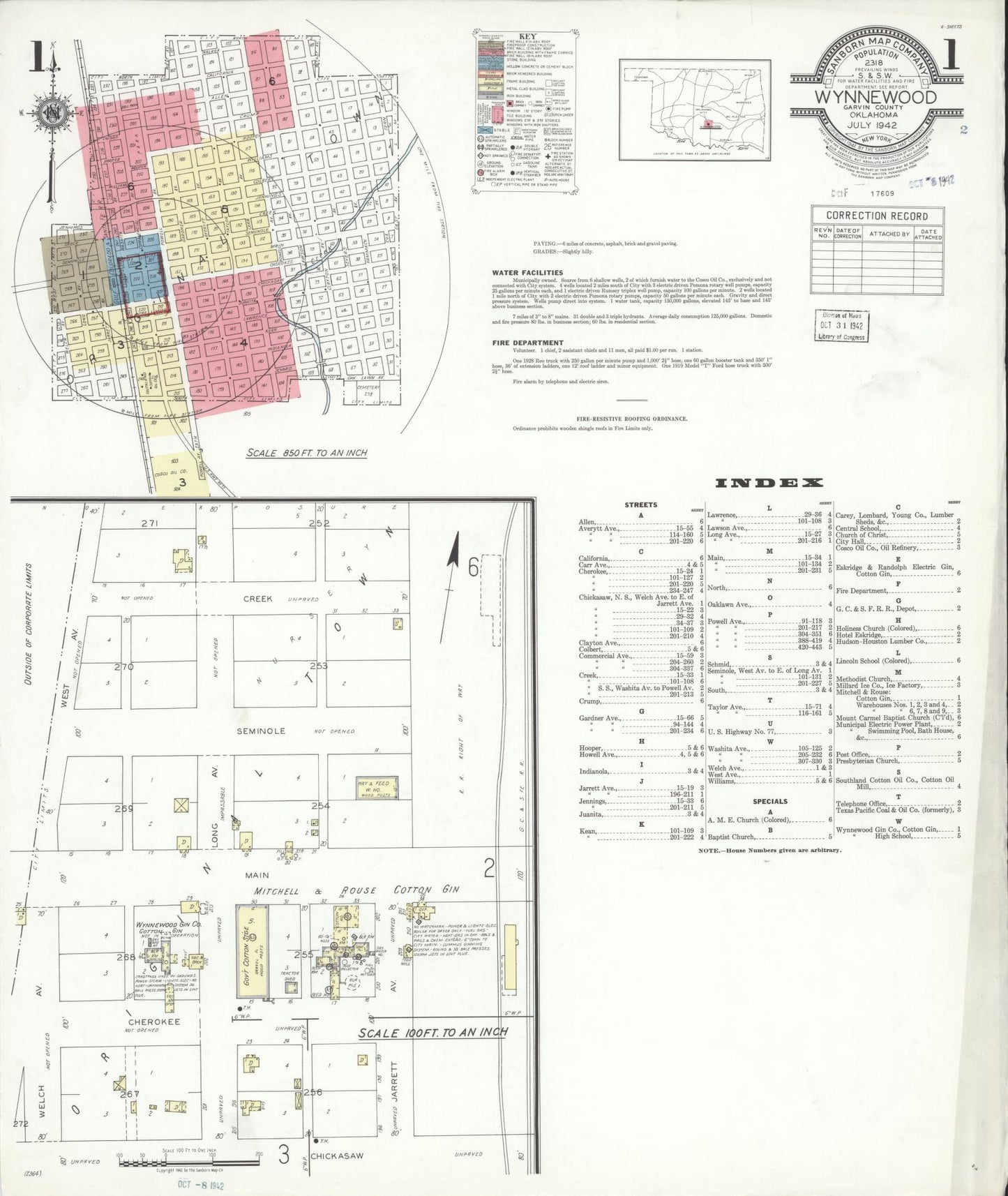 Sanborn Fire Insurance Map from Wynnewood, Garvin County, Oklahoma (1942), Sheet #0001 - Complete Map Set gallery image, historic Sanborn map, vintage wall art, Oklahoma Oklahoma