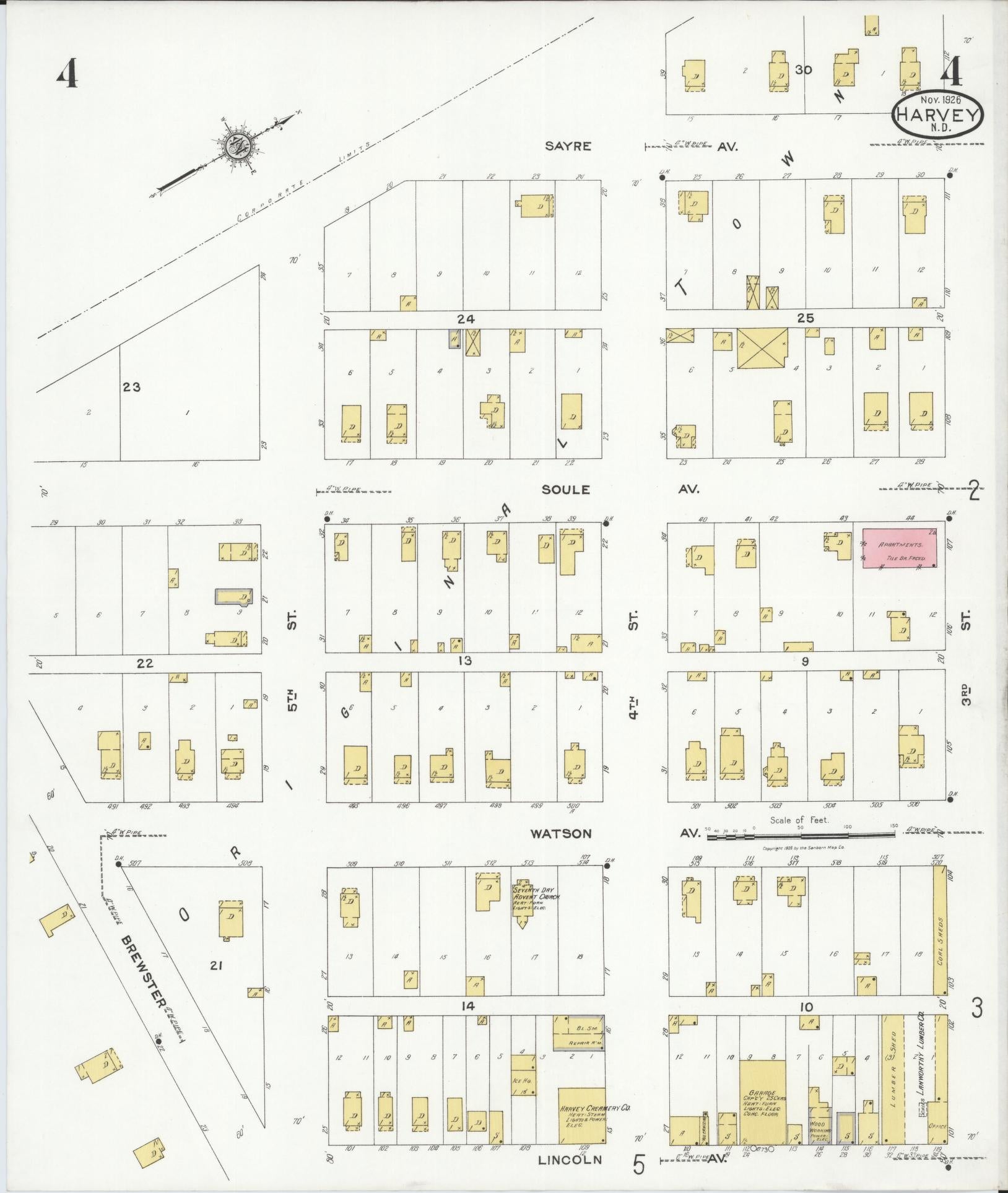 Sanborn Fire Insurance Map from Harvey, Wells County, North Dakota (1926), Sheet #0004 - Historic Sanborn Fire Insurance Map Print, vintage old map wall art, antique decor, genealogy gift, North Dakota North Dakota map