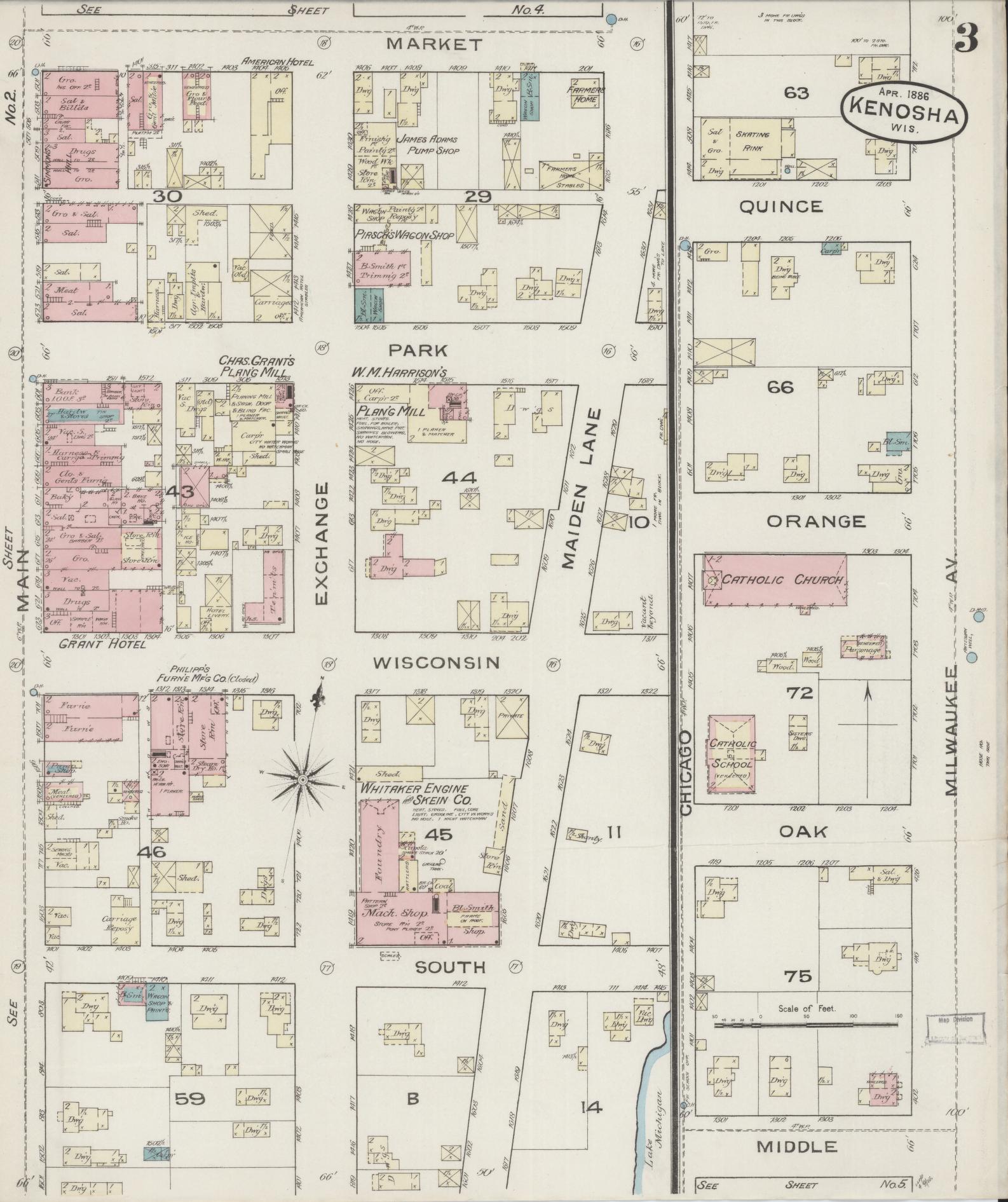Sanborn Fire Insurance Map from Kenosha, Kenosha County, Wisconsin (1886), Sheet #0003 - Historic Sanborn Fire Insurance Map Print, vintage old map wall art, antique decor, genealogy gift, Wisconsin Wisconsin map