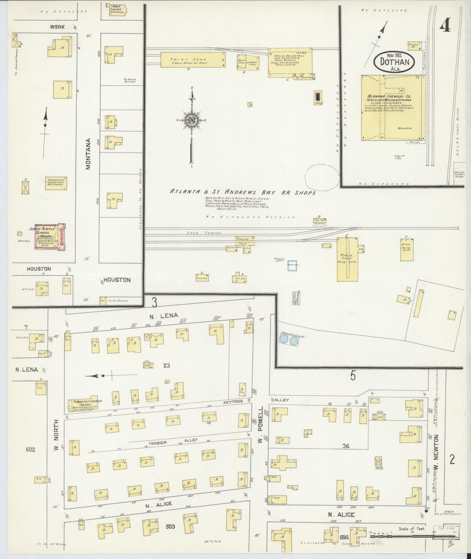 Sanborn Fire Insurance Map from Dothan, Houston County, Alabama (1912), Sheet #0004 - Complete Map Set gallery image, historic Sanborn map, vintage wall art, Alabama Alabama