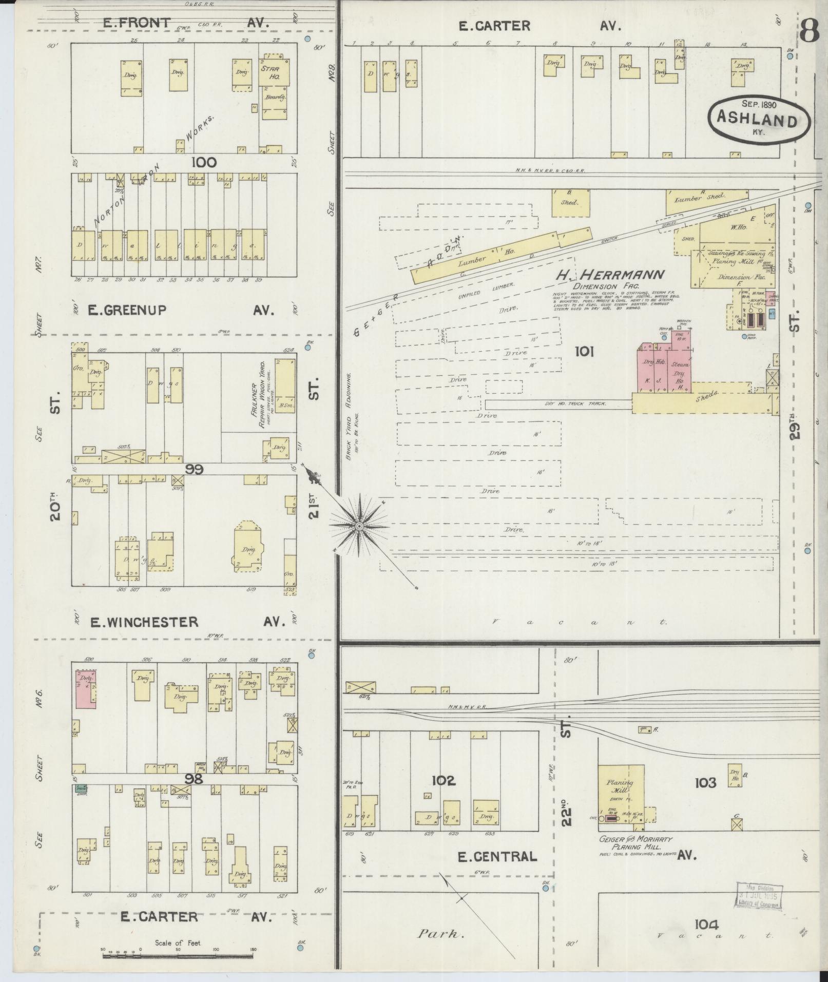 Sanborn Fire Insurance Map from Ashland, Boyd County, Kentucky (1890), Sheet #0008 - Historic Sanborn Fire Insurance Map Print, vintage old map wall art, antique decor, genealogy gift, Kentucky Kentucky map