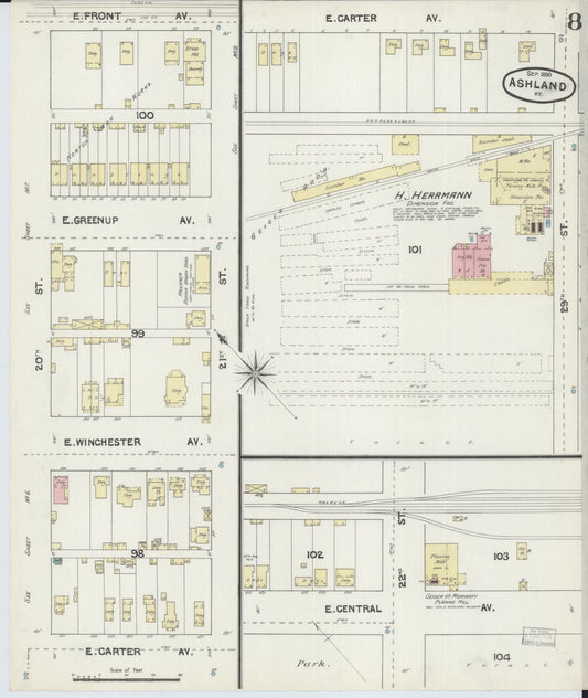 Sanborn Fire Insurance Map from Ashland, Boyd County, Kentucky (1890), Sheet #0008 - Historic Sanborn Fire Insurance Map Print, vintage old map wall art, antique decor, genealogy gift, Kentucky Kentucky map