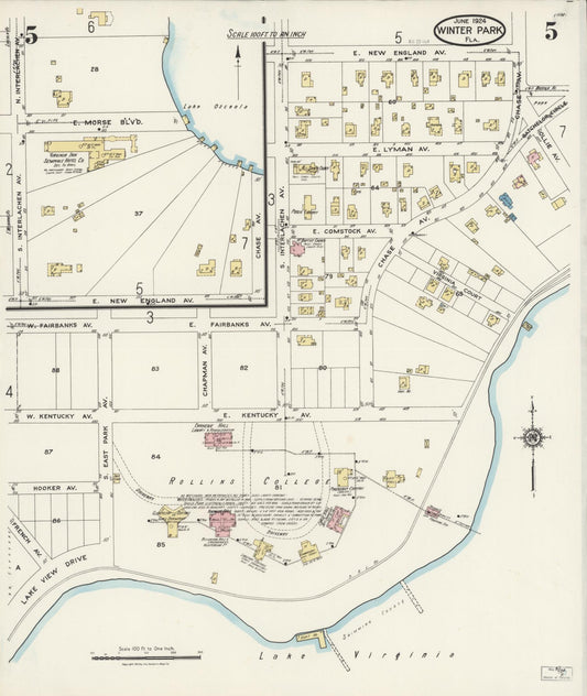 Sanborn Fire Insurance Map from Winter Park, Orange County, Florida (1924), Sheet #0005 - Historic Sanborn Fire Insurance Map Print, vintage old map wall art, antique decor, genealogy gift, Florida Florida map