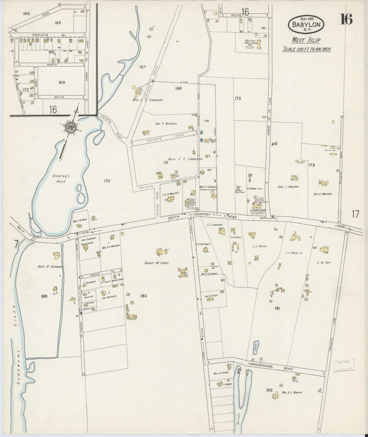 Sanborn Fire Insurance Map from Babylon, Suffolk County, New York (1915), Sheet #0016 - Historic Sanborn Fire Insurance Map Print, vintage old map wall art, antique decor, genealogy gift, New York New York map