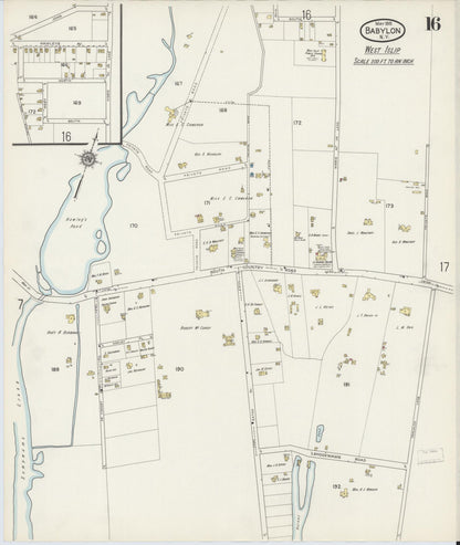 Sanborn Fire Insurance Map from Babylon, Suffolk County, New York (1915), Sheet #0016 - Historic Sanborn Fire Insurance Map Print, vintage old map wall art, antique decor, genealogy gift, New York New York map