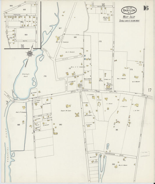 Sanborn Fire Insurance Map from Babylon, Suffolk County, New York (1915), Sheet #0016 - Historic Sanborn Fire Insurance Map Print, vintage old map wall art, antique decor, genealogy gift, New York New York map