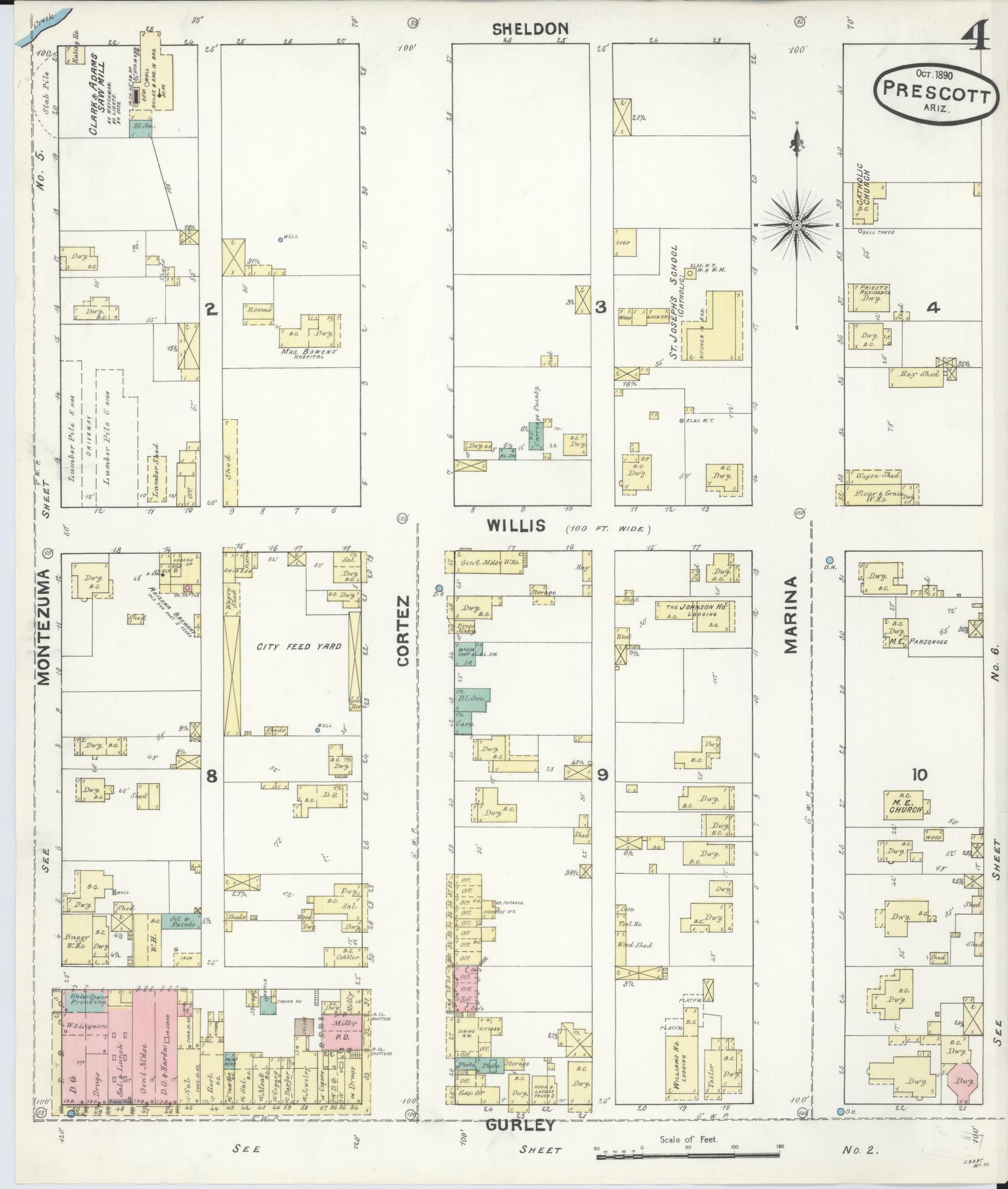 Sanborn Fire Insurance Map from Prescott, Yavapai County, Arizona (1890), Sheet #0004 - Historic Sanborn Fire Insurance Map Print, vintage old map wall art, antique decor, genealogy gift, Arizona Arizona map