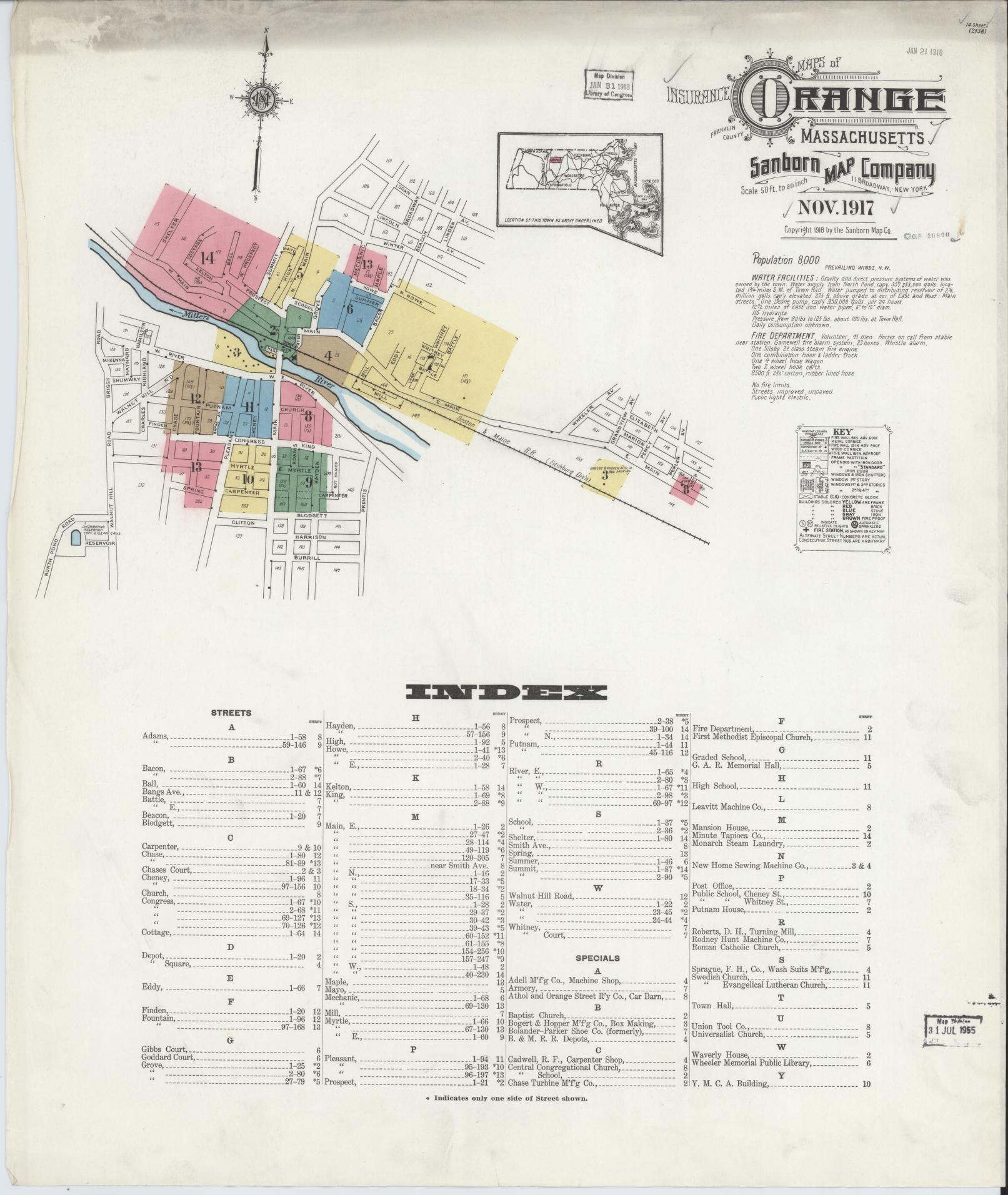Sanborn Fire Insurance Map from Orange, Franklin County, Massachusetts (1917), Sheet #0001 - Complete Map Set gallery image, historic Sanborn map, vintage wall art, Massachusetts Massachusetts